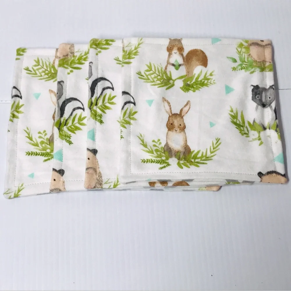 Reusable Set of Four 6” Woodland Animals Flannel Wash Cloths / Wipes / Nursery